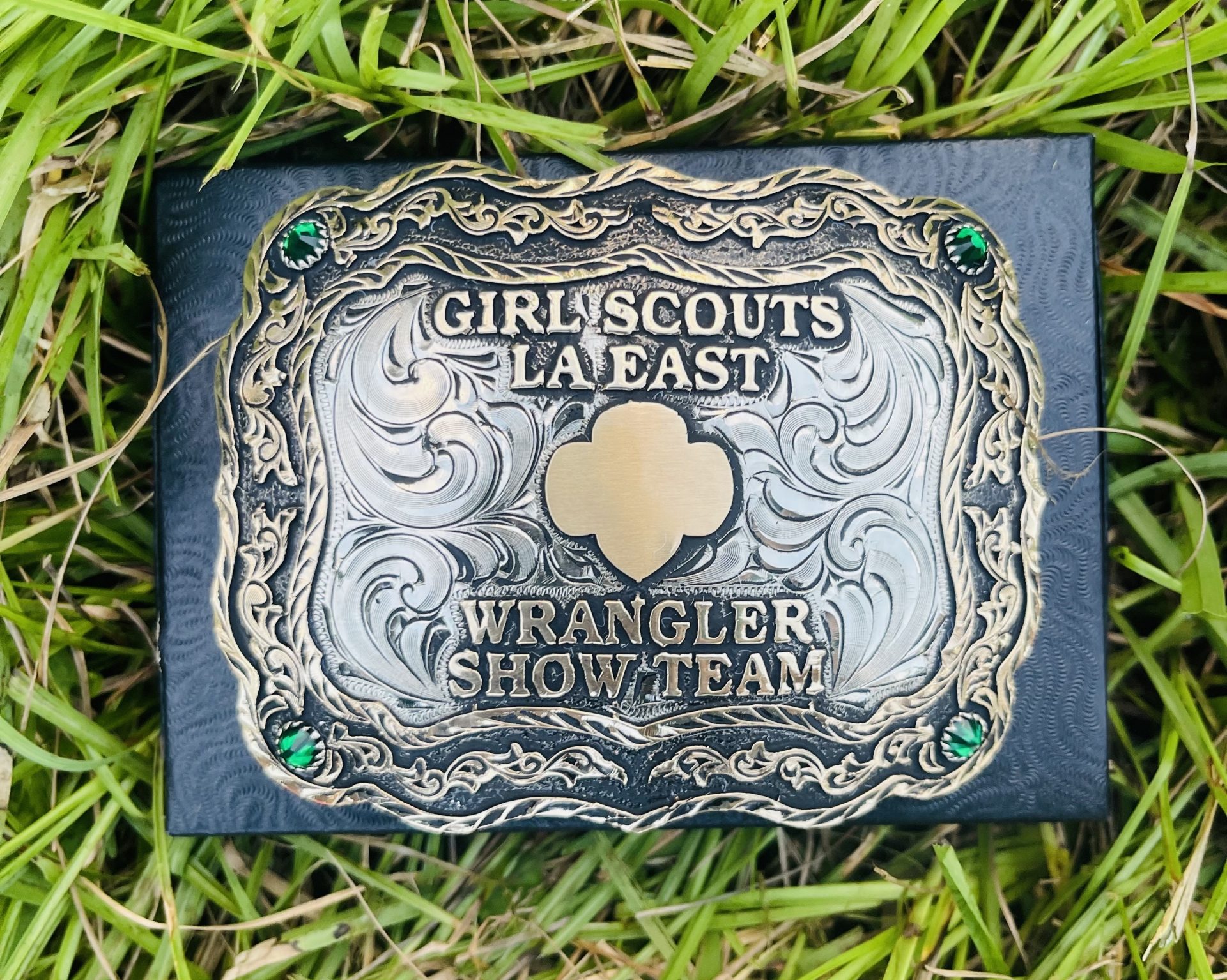 girl scout with digital camera outside wearing trefoil baseball cap